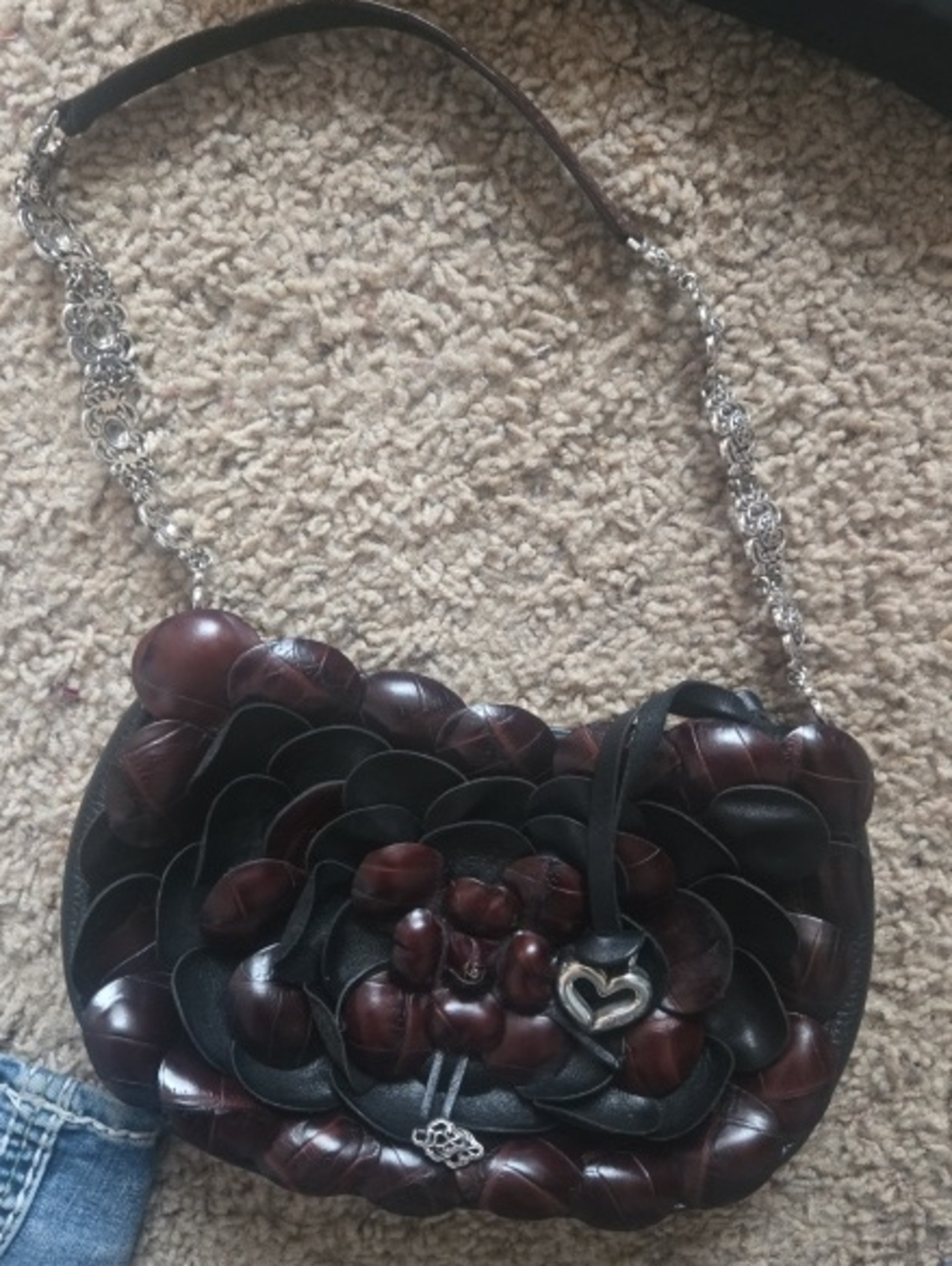 Leather Flower Applique Shoulder Bag in Dark Brown and Black